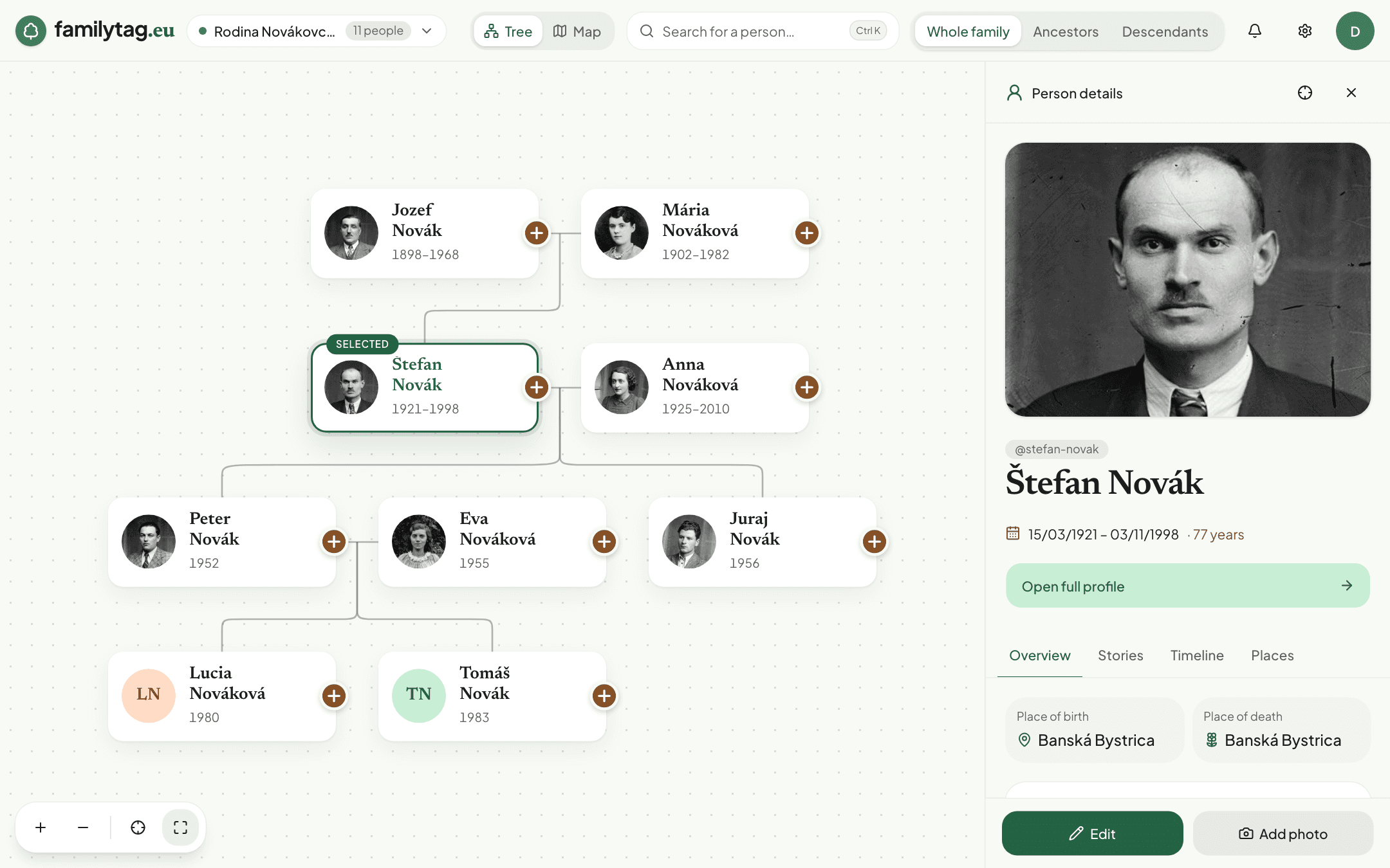 The app showing the Novák family tree with photos and a person's details